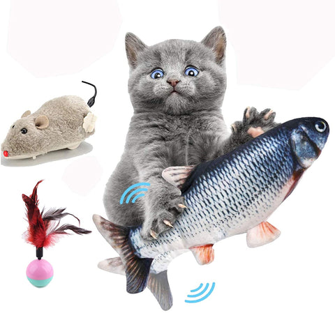 Electric Moving Fish Cat Toy, Kammoy Realistic Plush Simulation Electric Wagging Fish，3 Pcs Cat Toys — Simulation Fish & Feather Tease Ball