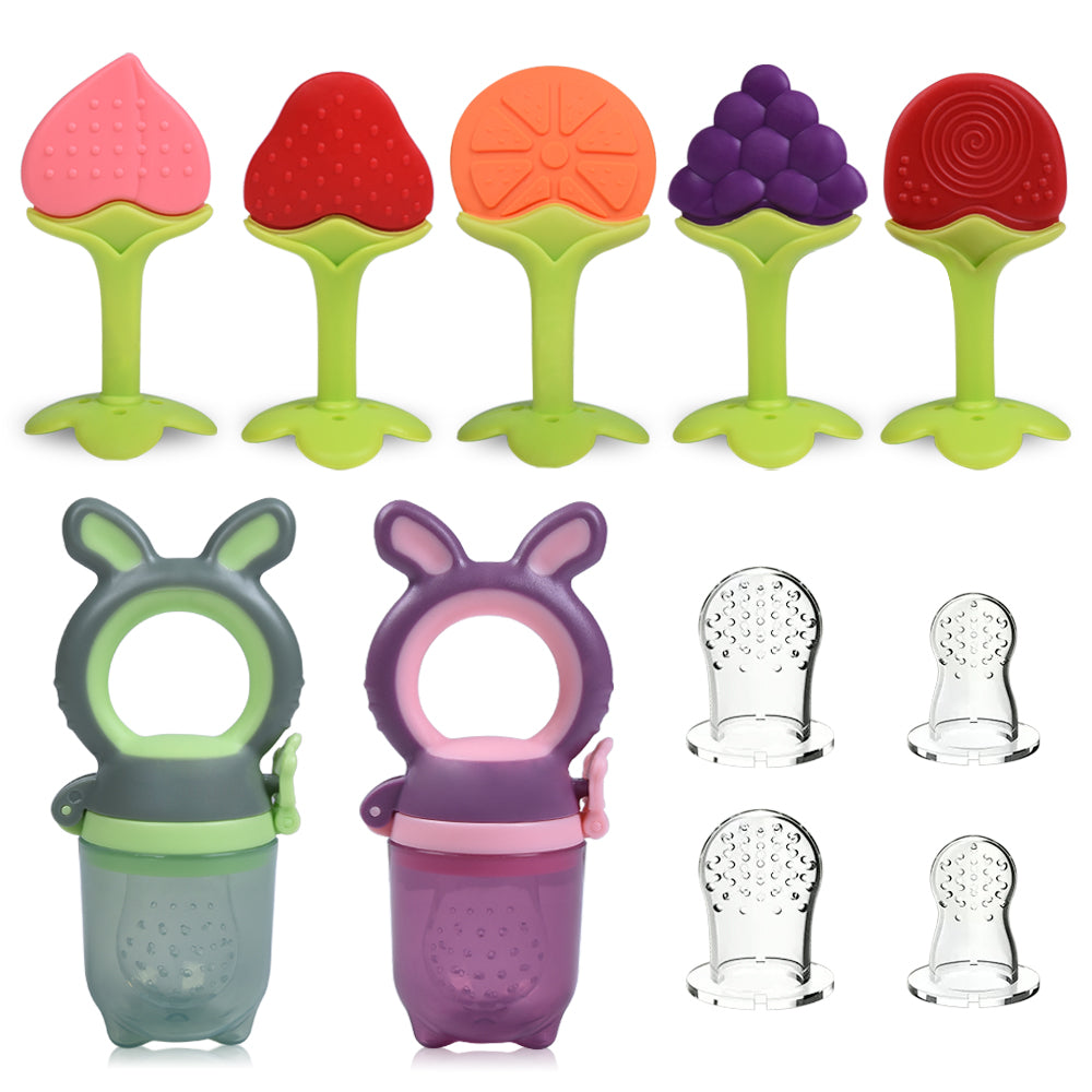Baby Fruit Teether and Pacifier Feeder Set, Two Fresh Frozen Fruit Feeders and Five Baby Teethers, 4 Extra Teats for 0-2 Years Babies