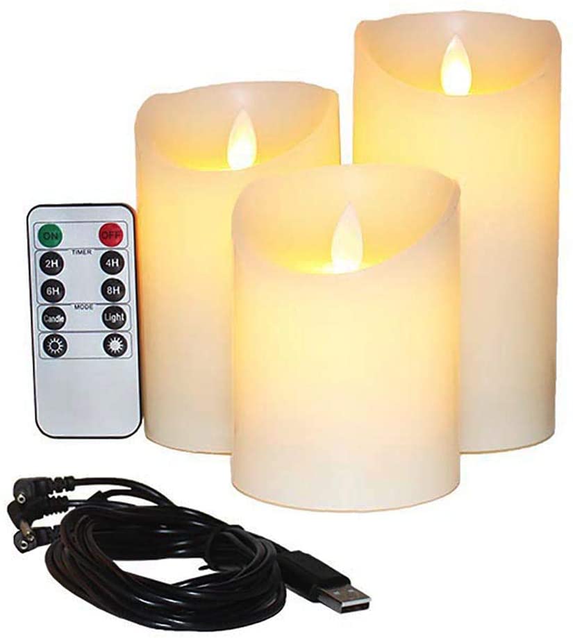 Rechargeable Flameless Candles Electric with Rechargeable Battery Extra Bright Ivory Dripless Real Wax Pillars LED Smart Candle Flickering with 10-Key Remote Control (3 Pack)