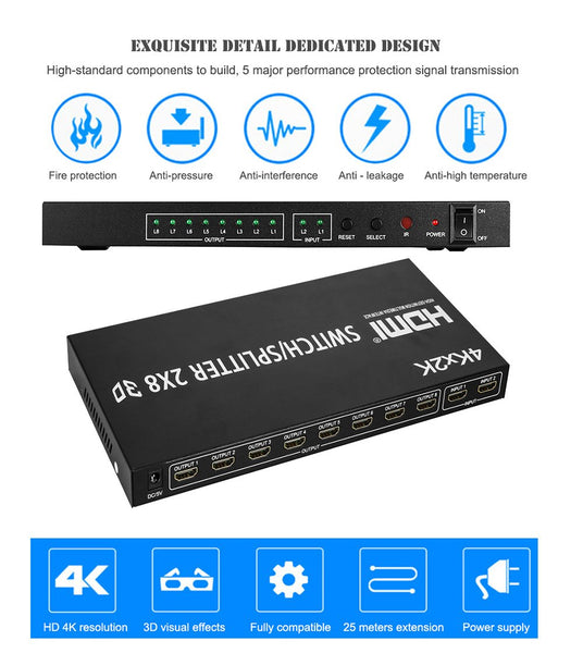 Autbye 2x8 HDMI Matrix Switcher 2 in 8 Out Splitter 4Kx2K Active Amplifier Extender Ultra HD 1080P 3D Audio Video Selector with IR Remote Ad