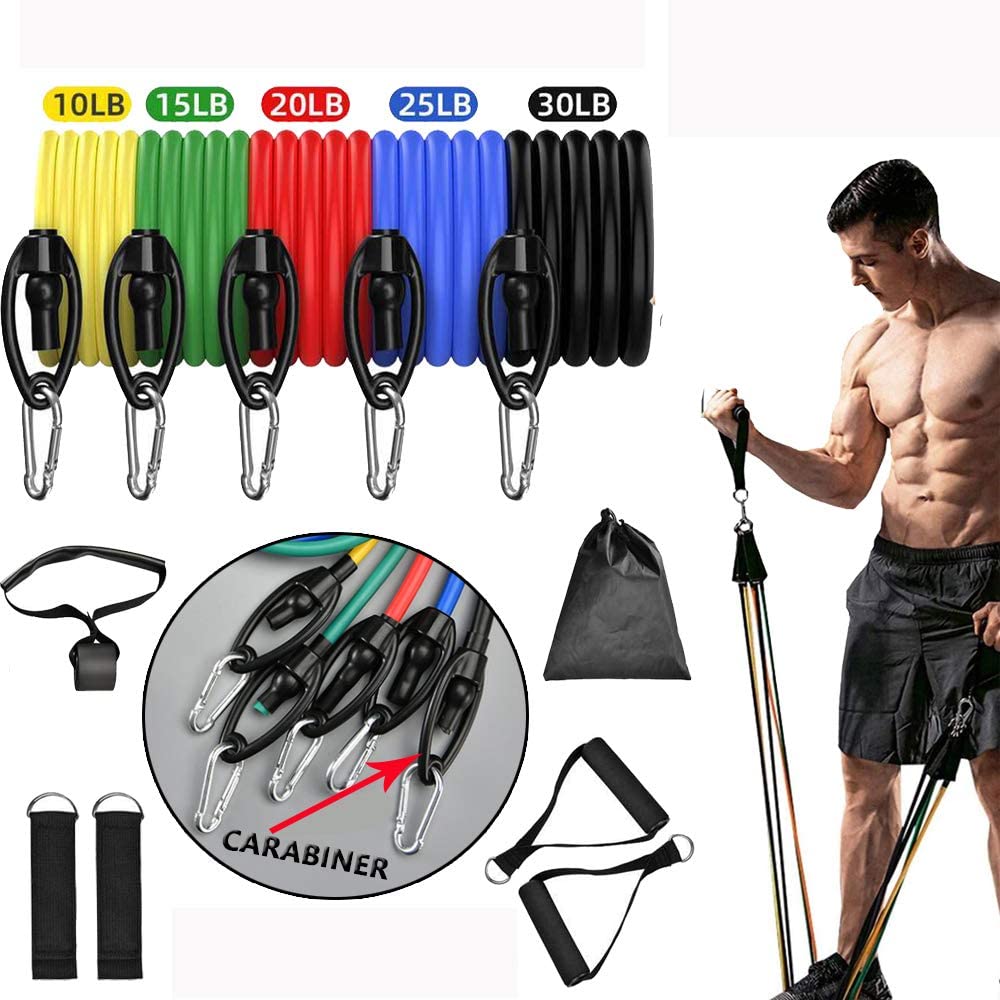 Resistance Bands Set Exercise Bands with Upgraded Carabiner，Non-Slip Foam Large Handles,Waterproof Carry Bag, Legs Ankle Straps fo