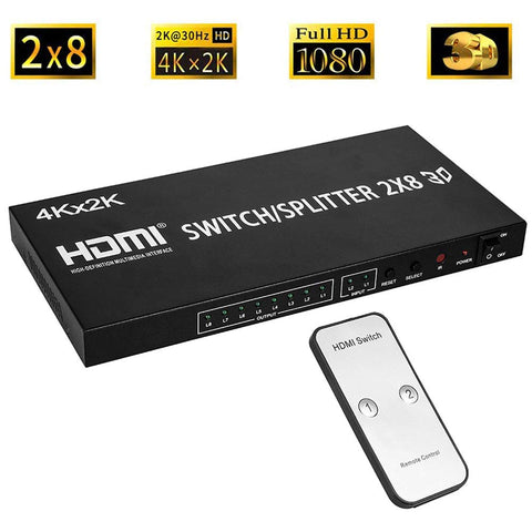 Autbye 2x8 HDMI Matrix Switcher 2 in 8 Out Splitter 4Kx2K Active Amplifier Extender Ultra HD 1080P 3D Audio Video Selector with IR Remote Ad